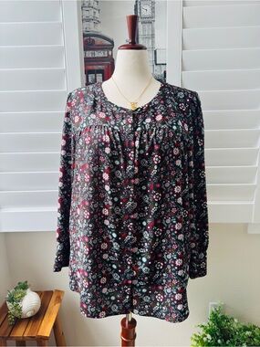 LOFT Black Floral Button-Front Blouse